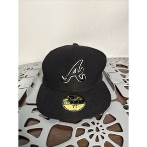 Atlanta Braves New Era Fitted Hat 59Fifty Sz 7 3/8 Black and White Personalized